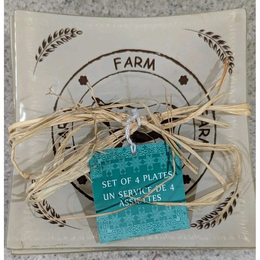 Square Glass Farm Plates Chicken Horse Cow Goose Set of 4 New Handmade In Turkey